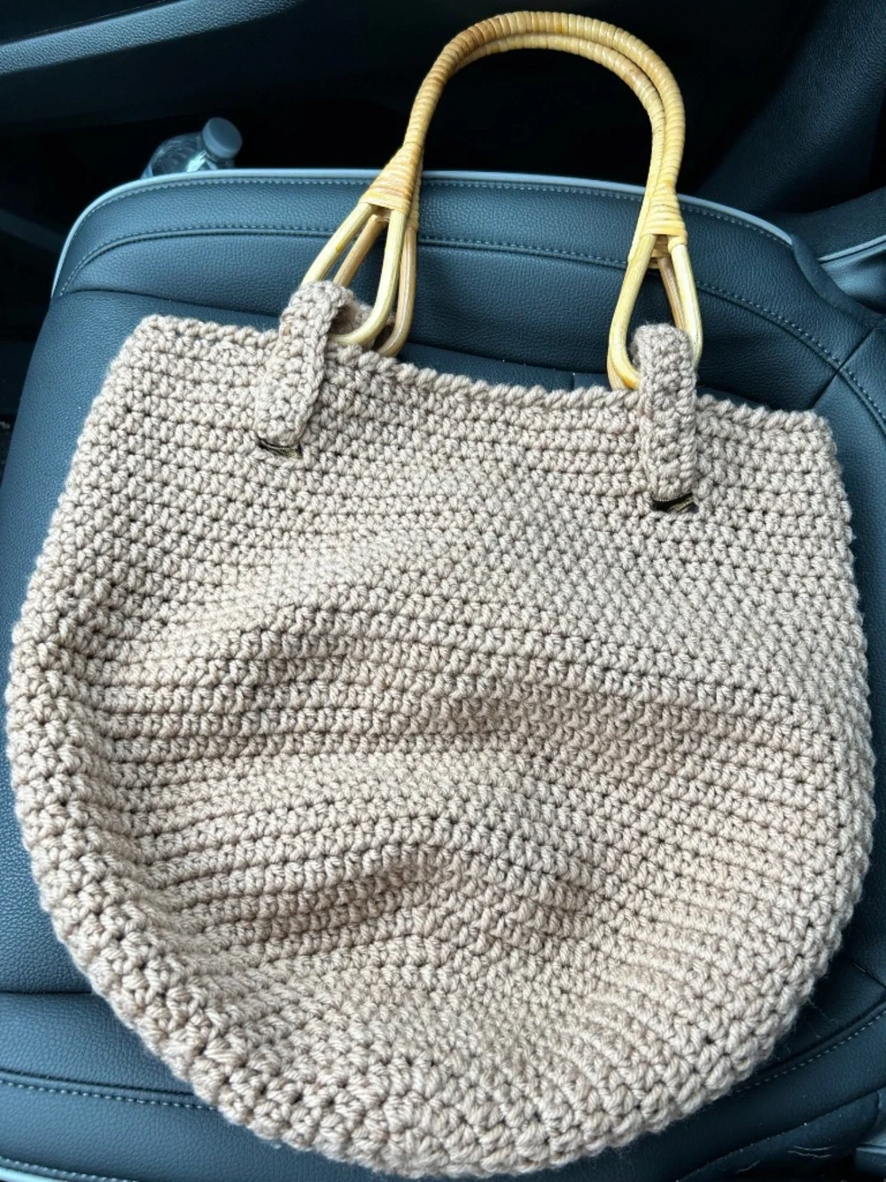 Crocheted Beige Bamboo Wooden Handle, Flower Applique, Pouch Style Bag *BOHO*